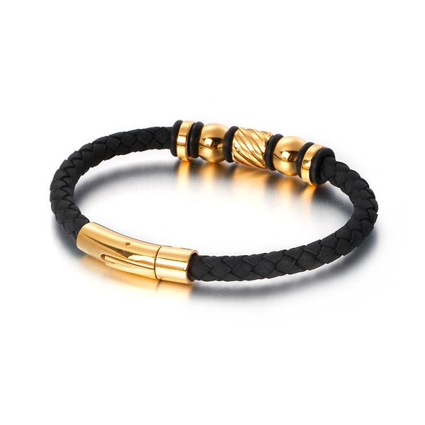 

tennis haolynjoy 21.5cm stainless steel goldblack beads charm bracelet men hip hop woven leather wrap bangle jewelry accessories, Golden;silver