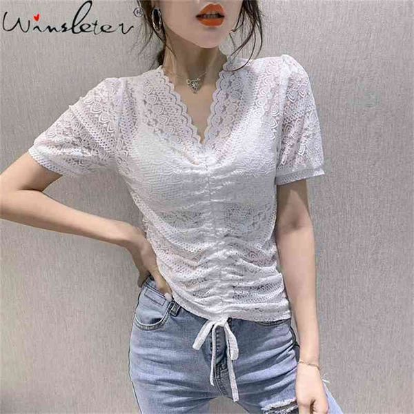 

summer european style t-shirt girls fashion v-neck lace up women bottoming shirt slim all match tees t13115a 210421, White