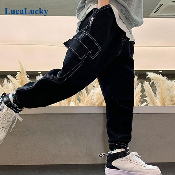 

lucalucky black fleece denim harm pants kids clothes children's jeans for teenage boys cargo clothing 5 6 8 10 12 14 years, Blue