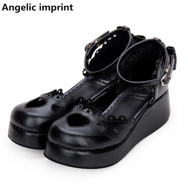 

dress shoes angelic imprint woman mori girl lolita cosplay lady mid wedges heels pumps women princess party lovely hearts, Black