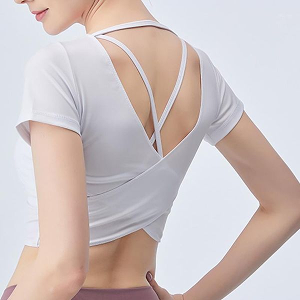 

women yoga crop chest pad section exposed navel short-sleeved t-shirt female quick-drying running workout shirts for outfit