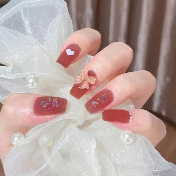 

false nails 24pcs bow nail patch sweet style glue type removable long paragraph manicure save time fake, Red;gold