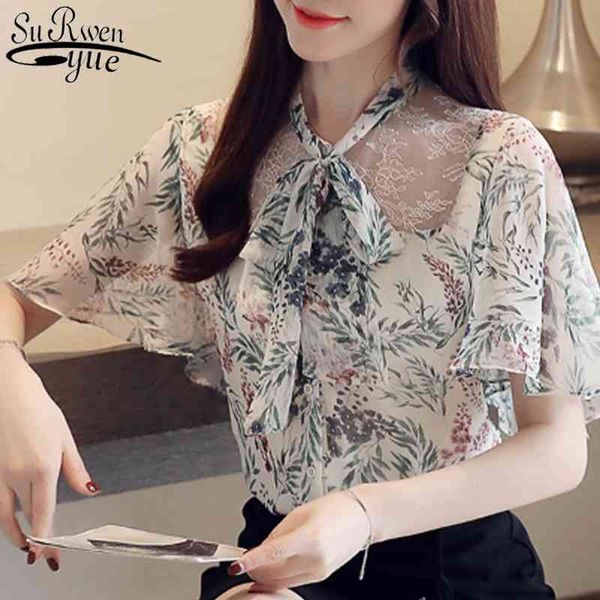 

fashion short sleeve shirts printed blusas summer women clothing chiffon shirt and blouse 4102 50 210521, White