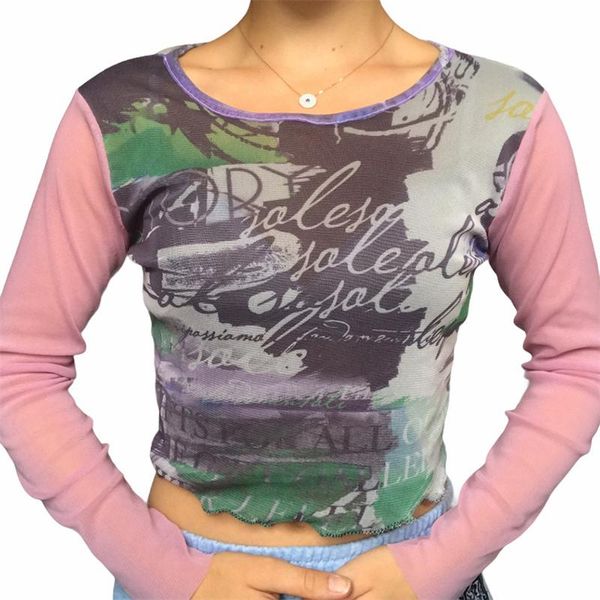 

women's t-shirt hiriginÂ autumn women round neck vintage printed mesh crop y2k long sleeve slim fit lettuce trim t-shirts streetwear 20, White