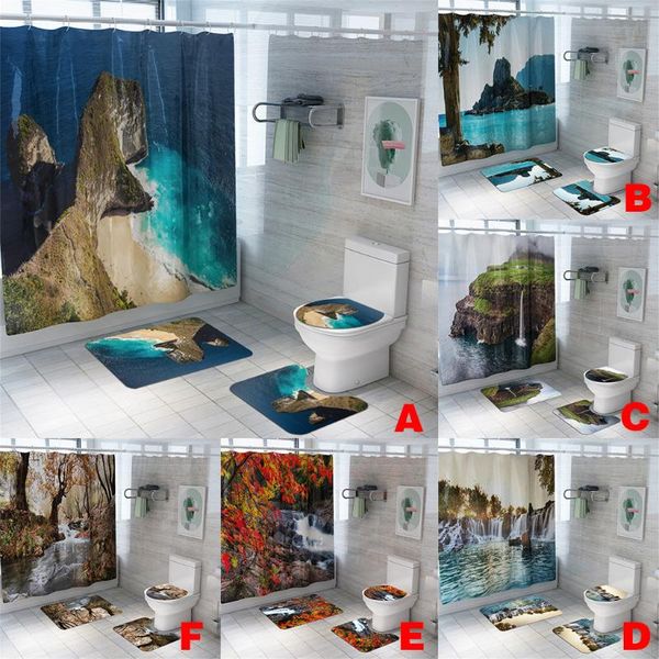 

bath accessory set selling 2021 products mountain landscape print shower bathroom mat and curtain four-piece support drop
