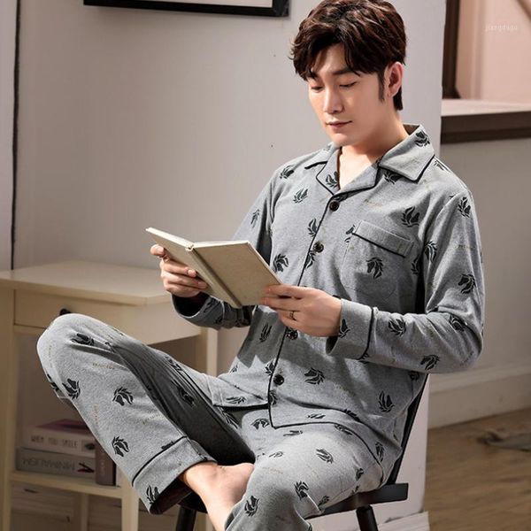 

men pyjama set 100% cotton spring long sleeve print pajama suit autumn nightwear collar pijama male sleepwear two piece xxxl men's, Black;brown