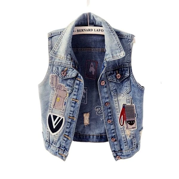 

women's vests korean holes denim women sleeveless jacket spring summer harajuku large size slim jeans short retro ladies waistcoat, Black;white