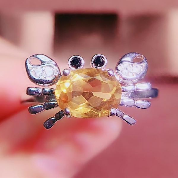 

cluster rings per jewelry natural real citrine crab style big ring 6*8mm 1.3ct gemstone 925 sterling silver q2042613, Golden;silver