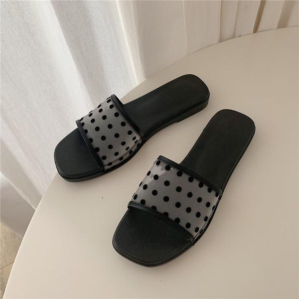 

slippers for women wearing fairies outside summer style ins web celebrity polka dot mesh beach holiday sandals flat bottom, Black