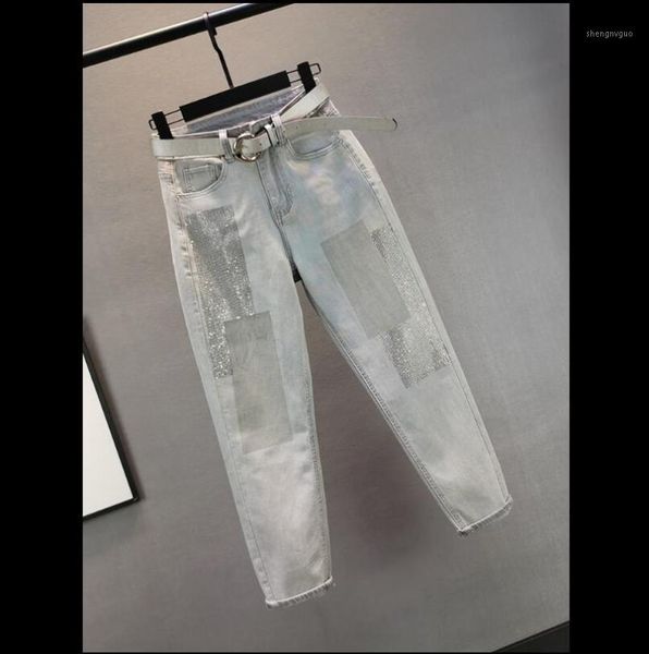 

women's jeans retro female 2021 spring summer high waist rhinestones drilled loose casual pants women slim denim, Blue