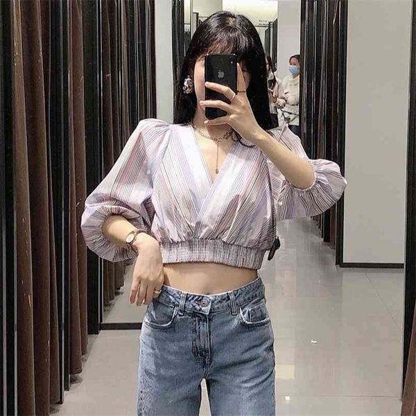 

summer women's casual striped v-neck short-sleeved short shirt 210430, White