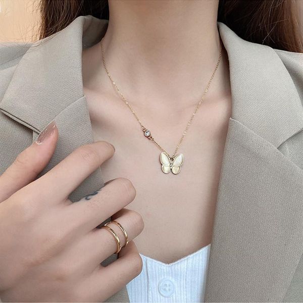 

pendant necklaces opal butterfly necklace female tide net red ins cold wind minority design clavicle chain light luxury temperament choker, Silver