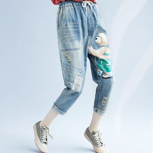 

women's jeans welivenice 2021 harem pants women trousers vintage loose patch exposed ankle blue bear
