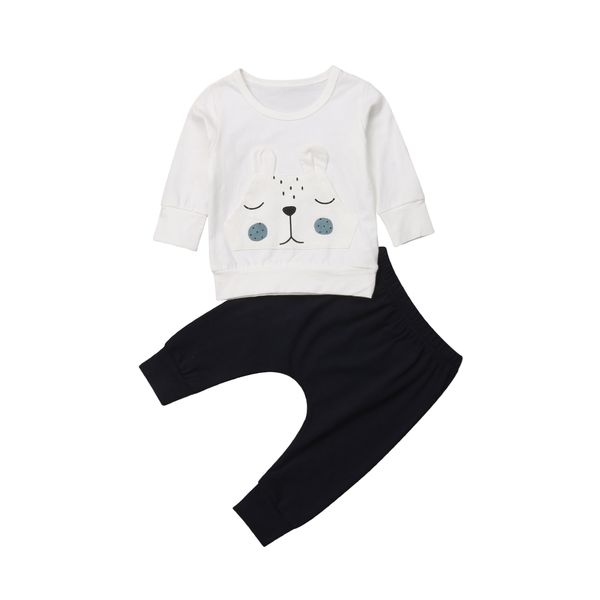 

0-18months bear printed long sleeve t-shirt + pants 2pcs set for new born infant baby boys clothes, White