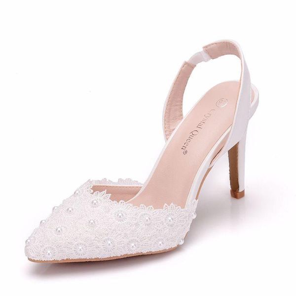 

sandals women wedding banquet lace pu rhinestones slip on 9cm thin high heels pointed toe sandal shoes 2021 size 35-42, Black