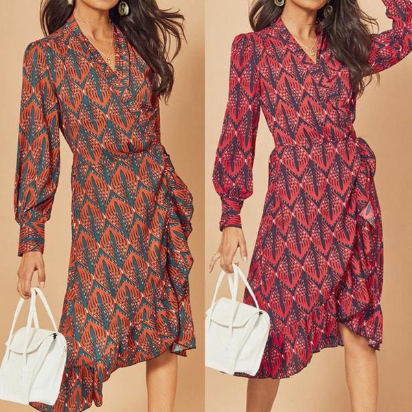 

women print ruffle sash irregular hem lantern long sleeve v neck midi dress 2021 casual dresses, Black;gray