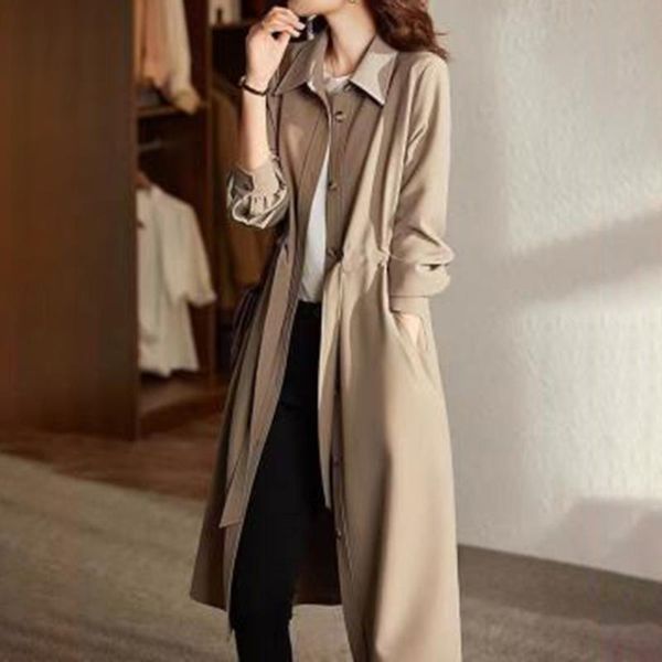 

women's trench coats long coat single-breasted khaki plain pocket sweet overcoat office lady windbreaker gabardina mujer elegante, Tan;black