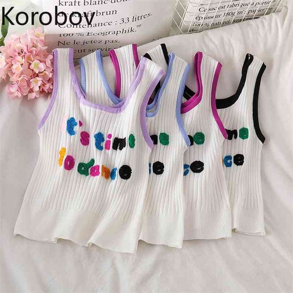 

korobov summer sweet letter embroidery women tank new arrival o neck sleeveless hit color camis kawaii vest 210430, White