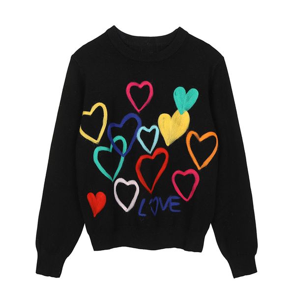 

2022 spring women lovely sweater o-neck colorful candy color heart embroidery knitwear slim all-match pullover femme c-195, White;black