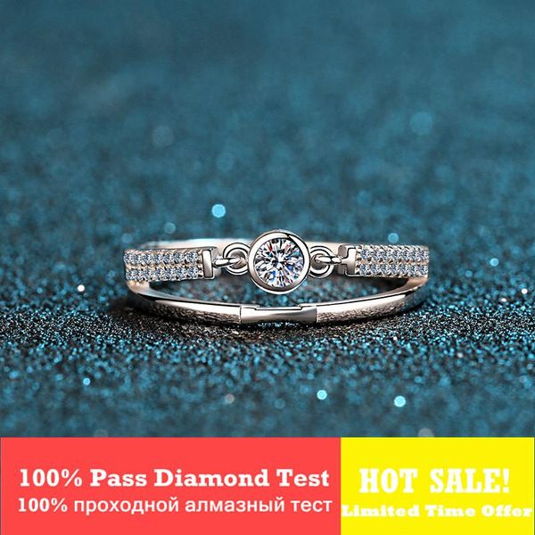 

cluster rings 925 silver classic round brilliant cut diamond test past 0.1 ct d color moissanite belt ring women engagement gemstone jewelry, Golden;silver