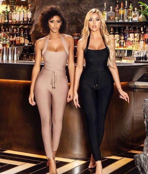 

capris est summer backless halter beige black women bandage jumpsuit celebrity designer fashion rompers, Black;white