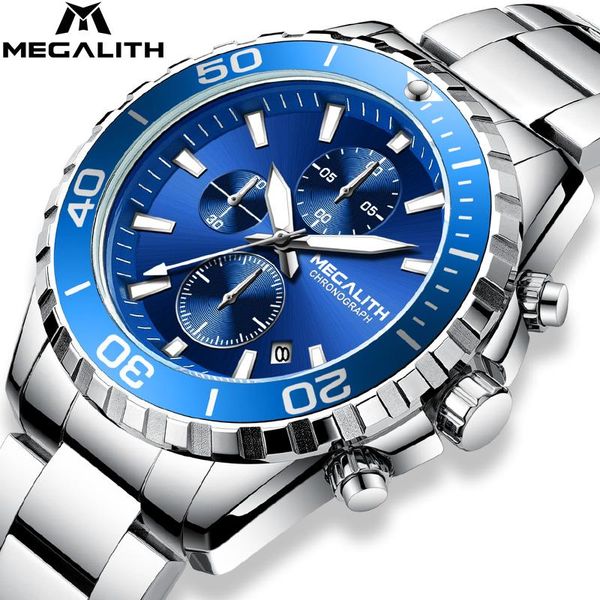 

wristwatches megalith man watch fashion stainless silver blue quartz watches men sports waterproof clock relogio masculino 8240, Slivery;brown
