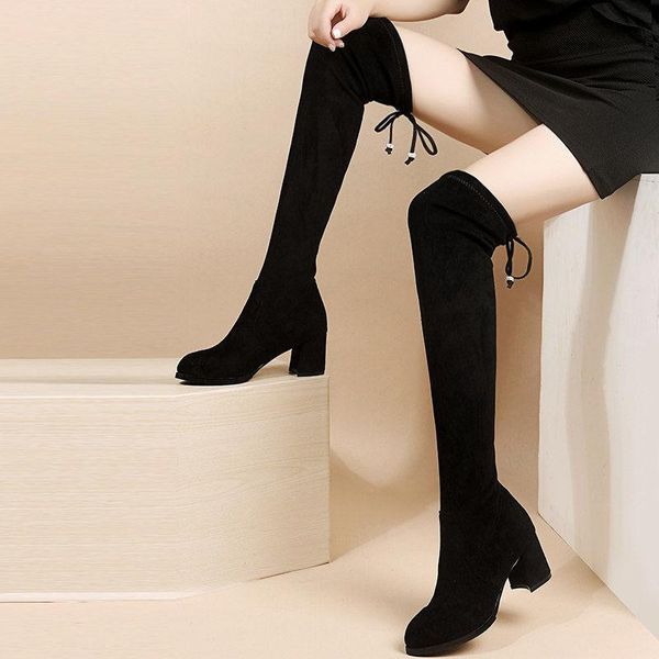 

boots black fashion ladies stretch over-the-knee women's thick heel comfortable work