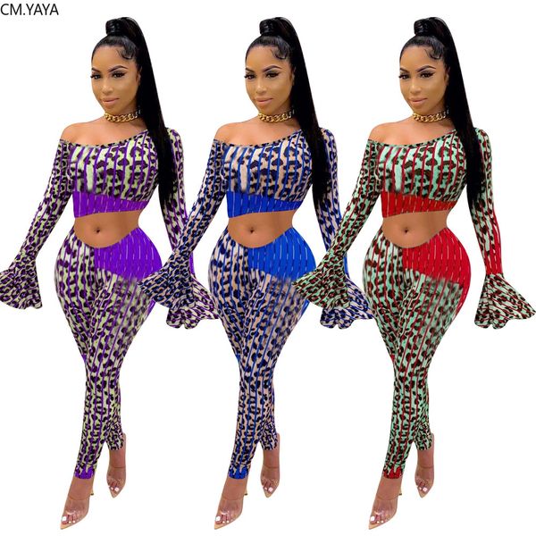 

streetwear leopard lips print womens set two piece set off shoulder crop pants suit trasuit matching set outfitsby air, White