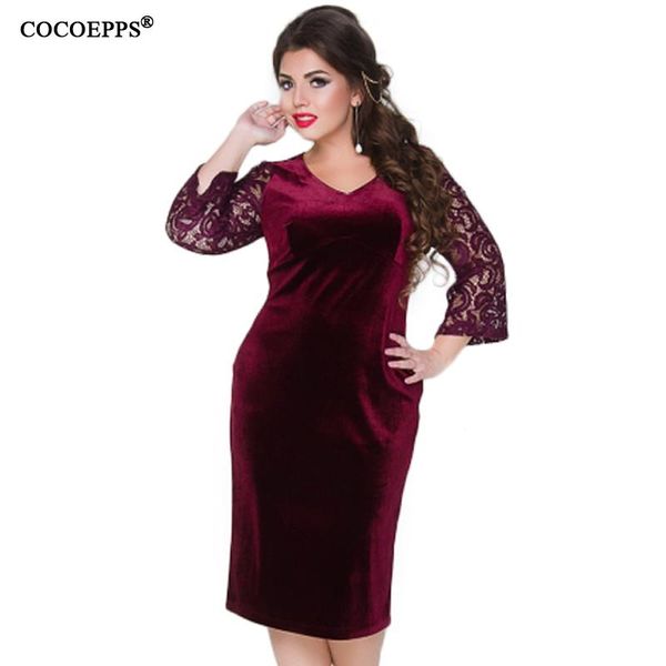

casual dresses cocoepps 2021 large size thicken lace autumn winter women velvet dress l-6xl female clothing plus red tunic vestidos, Black;gray