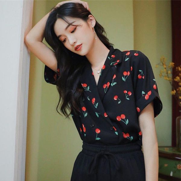 

women's blouses & shirts summer women short sleeve cherry fruit pringted shirt retro v-neck chiffon blouse lx065, White