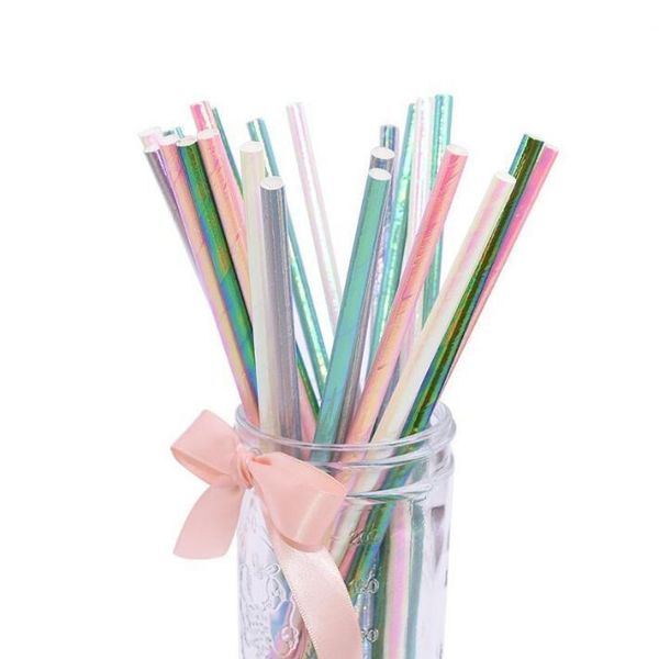 Kağıt Samanlar Glitter Katı Renk Bebek Duş Çevre Çip Düğün Doğum Günü Partisi Çocuk Içme Saman 25 adet / grup Deniz