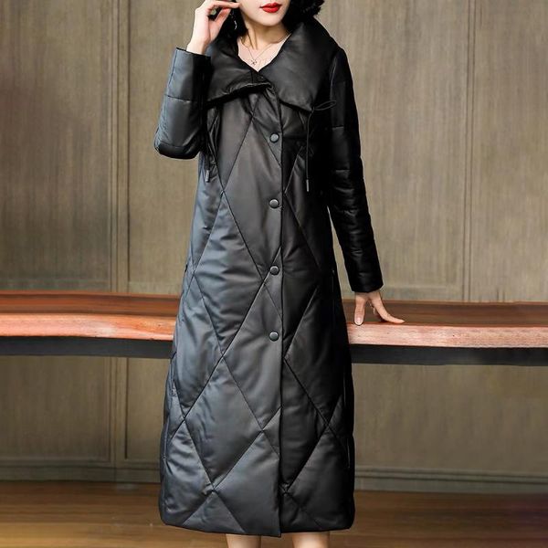 

women's leather & faux real jacket sheepskin long down jackets coats 2021 winter coat women thick warm female overcoat, Black