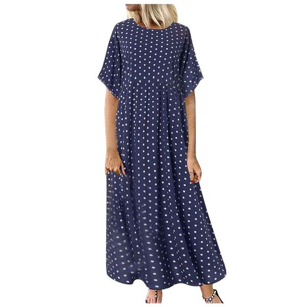 

party dresses vintage women causal maxi dress polka dot printed short sleeve o-neck loose retro ladies summer beach plus size #t2g, White;black