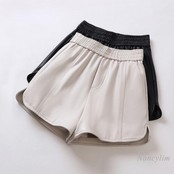 

women's shorts pu leather women autumn korean style loose leisure all-matching elastic high waist wide leg outer wear bootcuts short, White;black