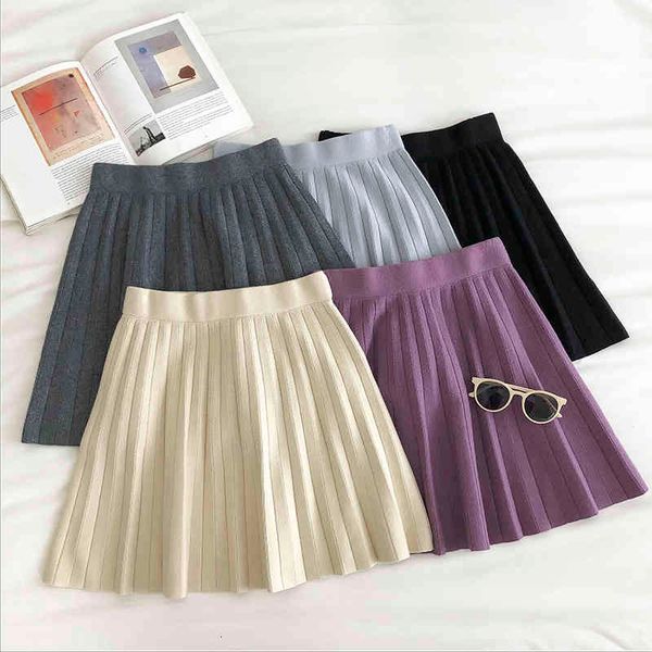 

skirts autumn candy color purple a-line pleated short knit bnj3, Black