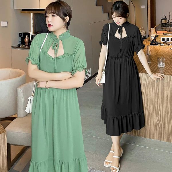 

plus size dresses women's summer high waist hollow ruffled slim fit large mid-length dress