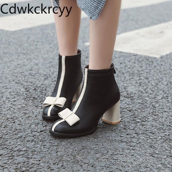 

boots winter the fashion round head thick heel sweet bow plus cashmere keep warm high women size 34-43, Black