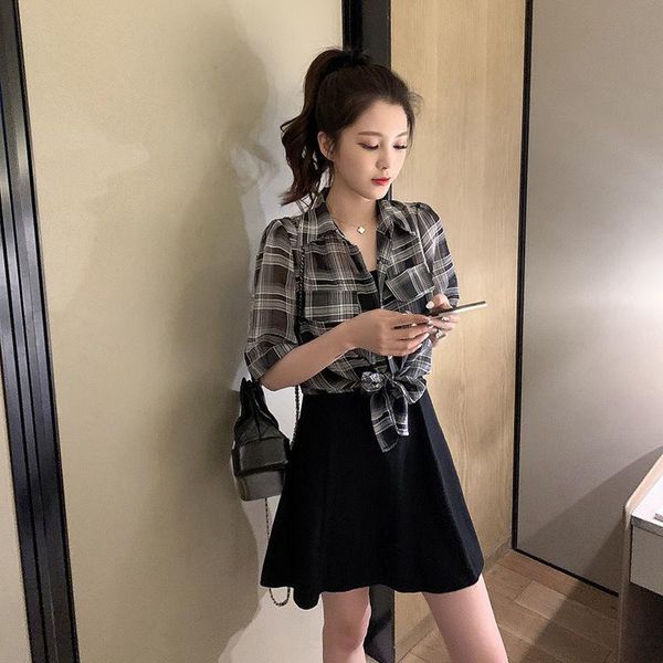 

women's tracksuits two piece summer plaid sunscreen shirt with suspender small black skirt suit women sets clothes, Gray