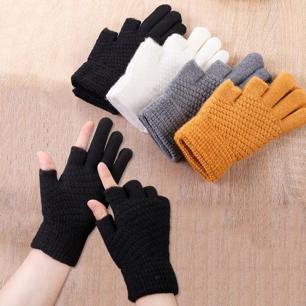 

five fingers gloves women stylish hand warmer winter arm crochet knitting faux wool mitten warm fingerless glove femme solid, Blue;gray