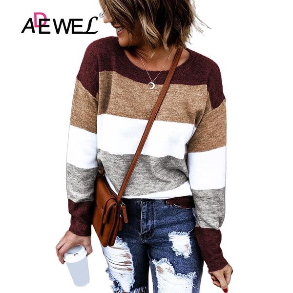 

women's sweaters adewel round neck colorblock knitting long sleeves sweater woman femme chandails kobieta swetry pull vrouw truien xl, White;black