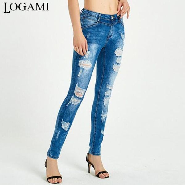 

women's jeans logami midi waist ripped woman skinny for women elastic slim denim pants trousers, Blue