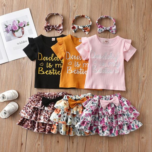 

clothing sets 1-3y summer infant girls clothes 3pcs letter printed short sleeve t shirts bow ruffles skirts headband, White