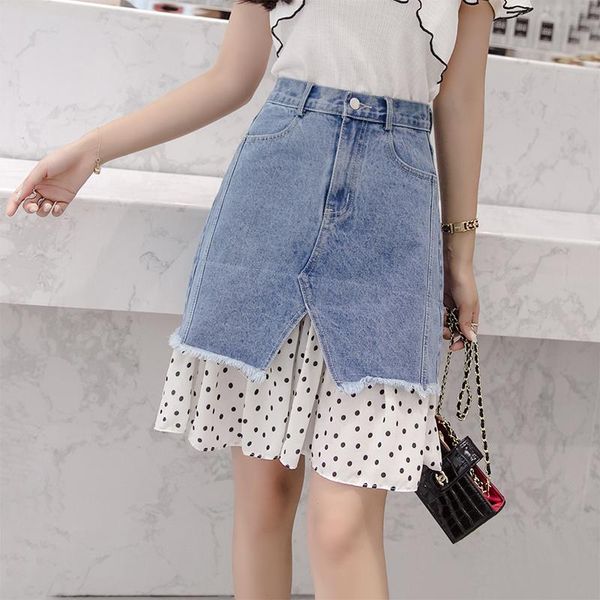 

skirts wave point splice women's skirt brushed hem high waist womens korean jean fashion women vintage denim, Black