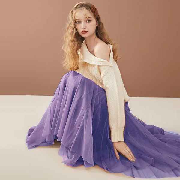 

skirts fall winter extra long mesh vintage expansion skirt women violet purple tulle elastic waist beach travel ball big swing, Black