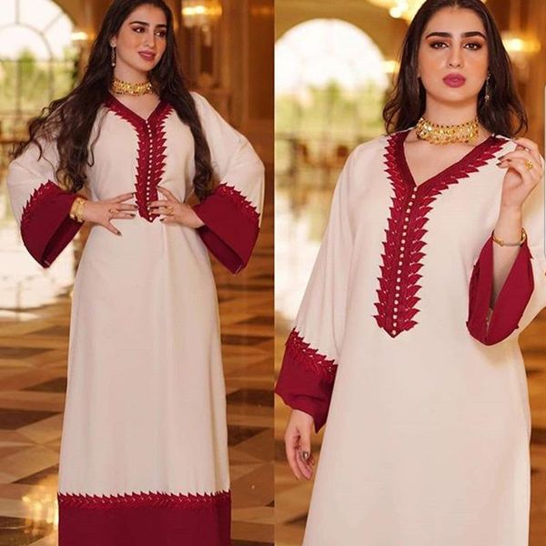 

ethnic clothing women v-neck muslim abaya long sleeve dubai kaftan robe middle east maxi dress loose saudi arabia ramadan dresses, Red