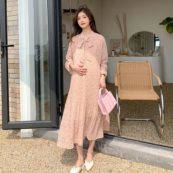 

maternity dresses long floral chiffon pleated pregnancy dress fashion bow v-neck clothes for pregnant women plus size, White