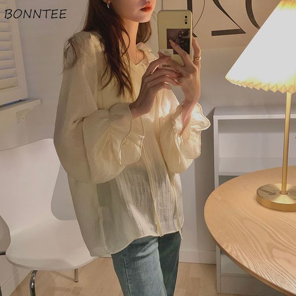 

shirts women mujer de moda pure color korean style loose cozy all-match female fashion long sleeve ruffles casual hipster simple x0521, White