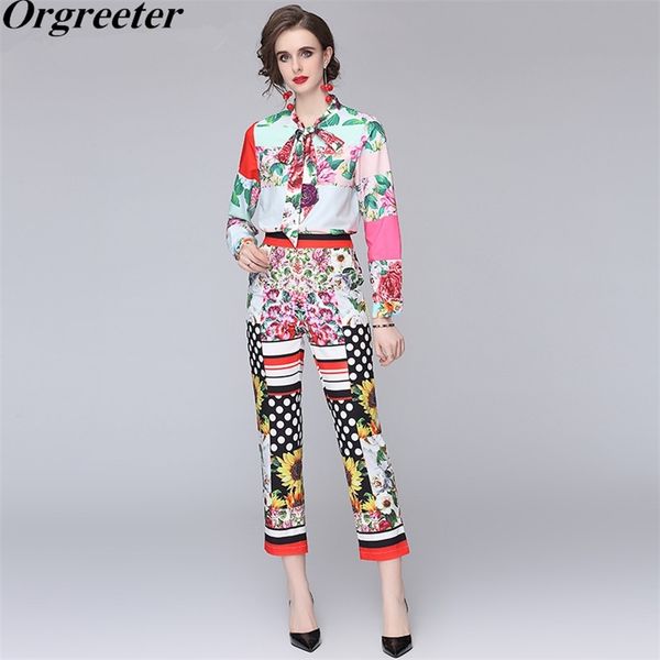 

summer fall runway shirt pants two piece set women bow collar flower print blouse and sunflower dot suits 210602, White