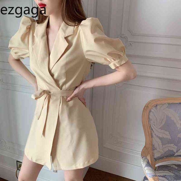

ezgaga high waist dress women elegant puff sleeve vintage turn-down collar korean a-line solid fashion bodycon dress vestidos 210430, Black;gray