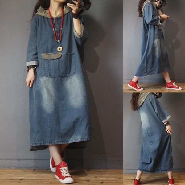

casual dresses plus sizes hooded denim long sleeves jean pockets vestidos baggy vintage patchwork cowboy, Black;gray